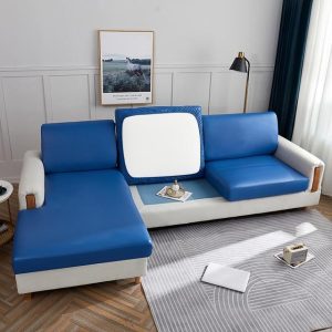 housse assise canapé angle simili cuir bleu