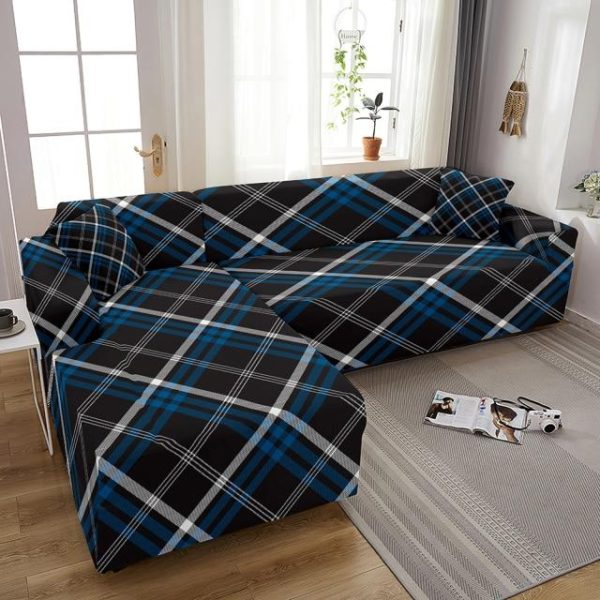 housse canape tartan bleu nuit